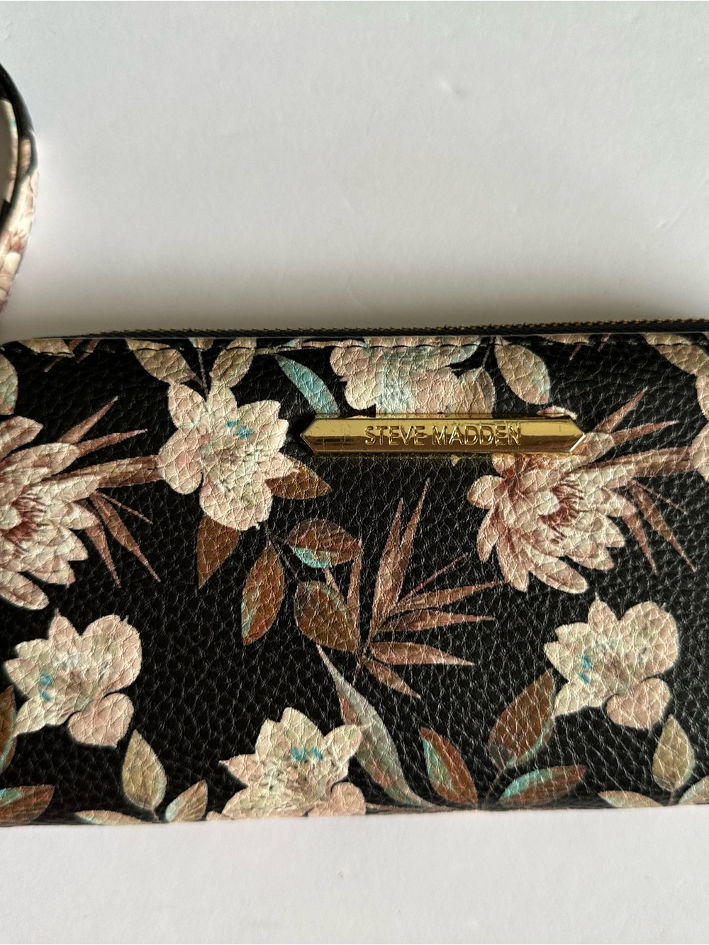 Steve Madden Black Floral Wallet with Cream and Brown Blooms